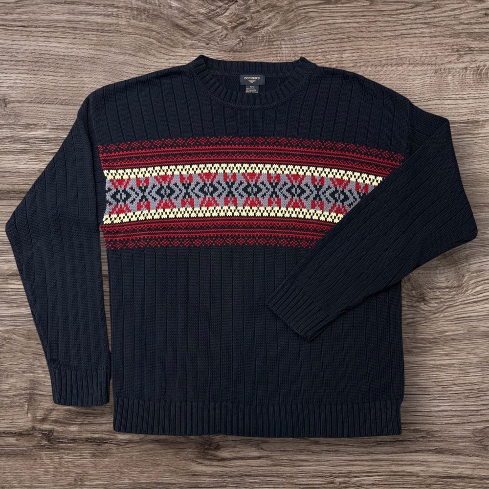 Dockers Sweater Mens Medium Navy Blue  Fair Isle Ribbed Crewneck Vtg Hong Kong